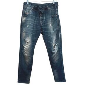 DIESEL Men's Krooly Denim Sweatpants Distressed Med Wash Sz 30x29 Ripped Knees